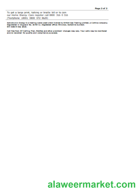 Sainsbury- Energy (British Gas) business utility bill, page 3. SCR